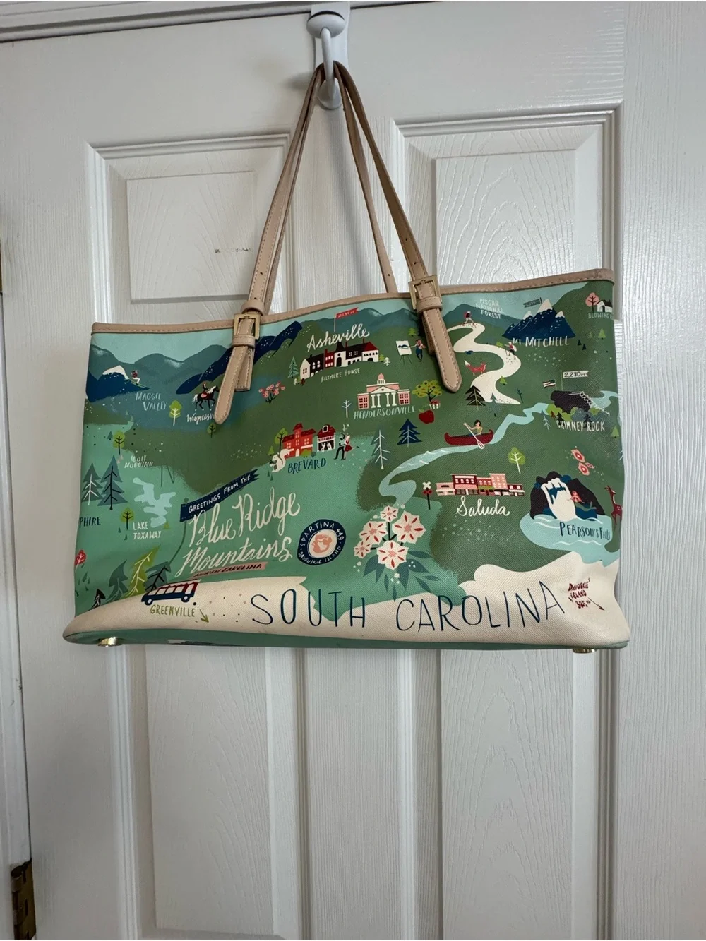 Spartina 449 Green Map-Print Canvas Tote with Tan Handles - Picture 2 of 12